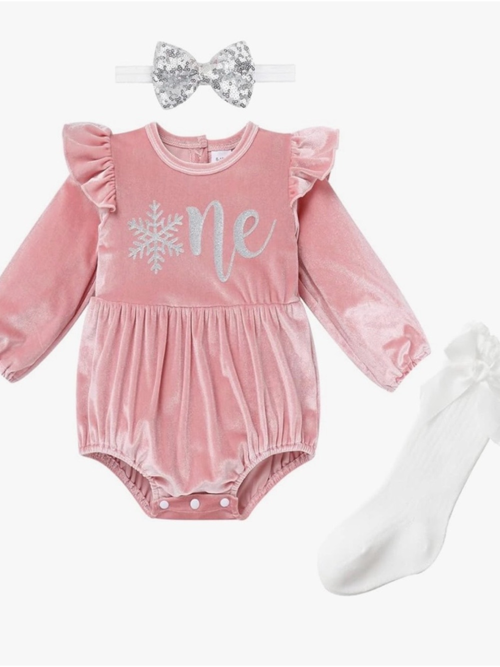 Pink Velvet Long-Sleeve Baby One-Piece with Silver Snowflake Detail